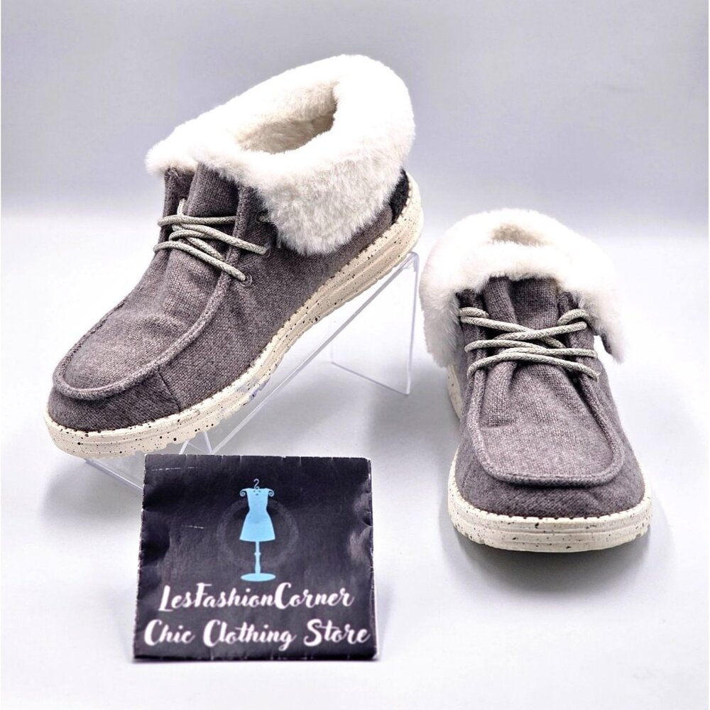 Hey Dude Women's Britt Charcoal Faux Fur-Lined Casual Flats Shoes Size  7 3043